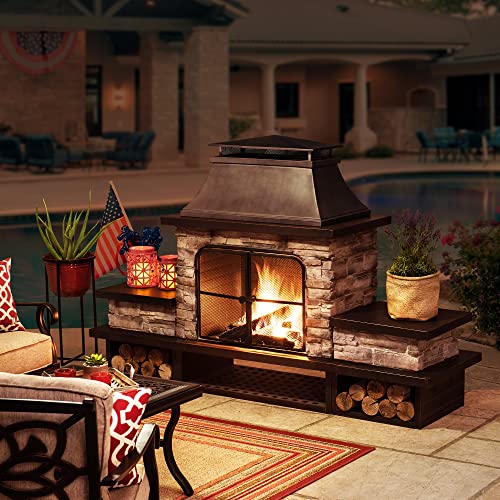 Sunjoy Outdoor Fireplace, Patio Wood Burning Fireplace with Steel Chimney, Mesh Spark Screen Doors, Fire Poker, and Removable Grate, Black Sunjoy
