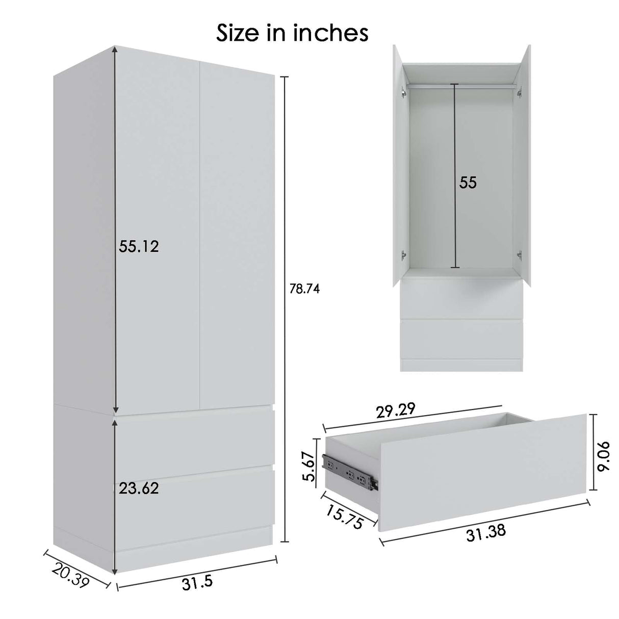 Jiaoun Armoire Wardrobe Closet with 2 Drawers & 2 Door, Armoires and Wardrobe with Hanging Rod, Wardrobe Cabinet for Bedroom, White (31.5”W x 20.39”D x78.74”H) Jiaoun