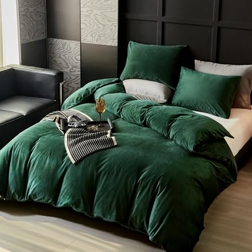 WARMDERN Emerald Green Flannel Velvet Duvet Cover King Size Duvet Cover Bedding Sets, 3pcs Ultra Soft Luxury Textured Modern Crystal Velvet Duvet Covers with Zipper Closure(Emerald Green, King) WARMDERN
