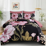 Luxudecor Floral Queen Comforter Set 7 Pieces Bed in a Bag, Pink Flower Print on Black Bedding Set, Soft Reversible Comforter with Sheet Set 90"x90" Luxudecor