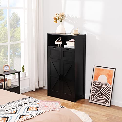 WEENFON Black Floor Cabinet with 2 Doors & 2 Drawers – Stylish Bathroom Storage with Adjustable Shelves - WoodArtSupply