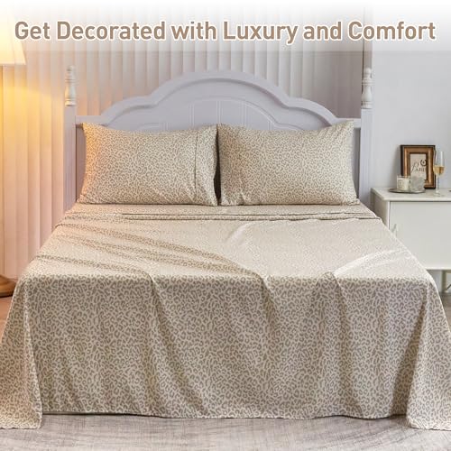 Drozeeo King Leopard Print Sheets, Cheetah Pattern King Size Sheet Set with Elastic Corner Straps, Soft Microfiber Animal Bedsheet, Beige Drozeeo