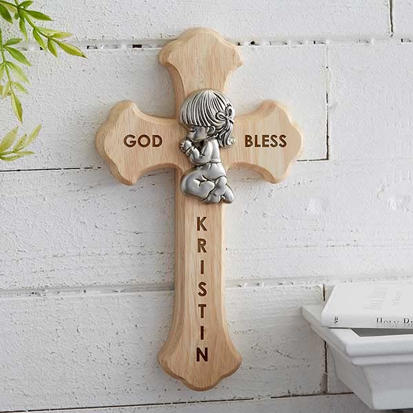 Personalization Universe Prayerful Girl Engraved Wood Cross, Baptism & First Communion Keepsake Wall Decor, Christian Wall Art, Home Decor Wall Cross - 8" x 4.5" Oak Wood & Zinc Alloy - WoodArtSupply