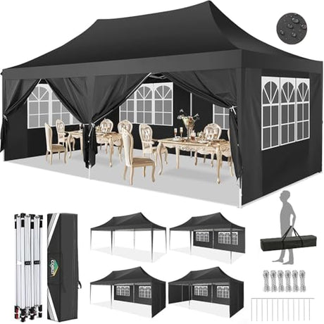 COBIZI 10x20 Pop Up Canopy Tent with Sidewalls,Party Tent Outdoor Gazebos, Waterproof & UV50+,3 Adjustable Heights,Higher Frame Design - Extra Tall for Parties Backyard,Weddings,Markets,Black COBIZI
