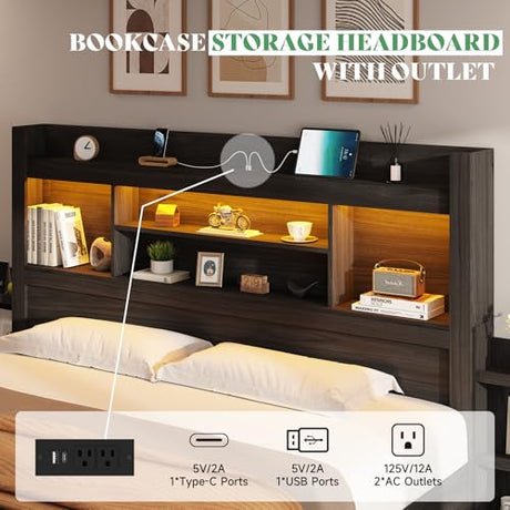 AMERLIFE King Size Bed Frame with LED Headboard, 4 Storage Drawers & Charging Station AMERLIFE
