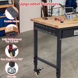 Adjustable Height Workbench,60" x 22" Worktable,Heavy Duty Rubberwood Top,2000LB Capacity,Metal Frame, Lockable Wheels, Power Outlets – Garage & Workshop Table – Black FinerFurnis