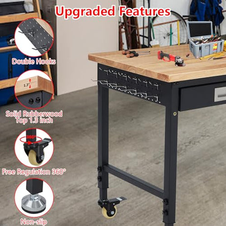 Adjustable Height Workbench,60" x 22" Worktable,Heavy Duty Rubberwood Top,2000LB Capacity,Metal Frame, Lockable Wheels, Power Outlets – Garage & Workshop Table – Black FinerFurnis