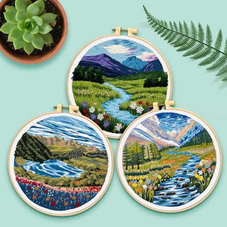 ERKOON 5 Sets Embroidery Kit for Beginners, Butterfly Cross Stitch Set for Include Embroidery Cloth Hoops Threads for Craft Lover Hand Stitch (Landscapes) ERKOON