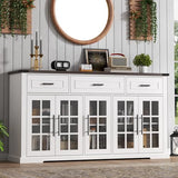 Gyfimoie 63" Sideboard Buffet Cabinet with Glass Doors, Farmhouse Large Buffet Table with 3 Storage Drawers, Modern Coffee Bar Wine Bar Cabinet with Adjustable Shelves for Kitchen, Dining Room, White Gyfimoie