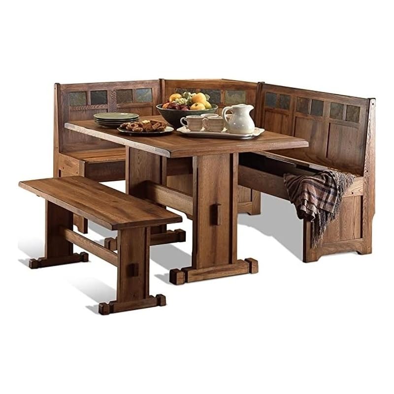 Pemberly Row Farmhouse Wood Kitchen Corner Breakfast Dining Nook Set with Hidden Storage in Rustic Oak - WoodArtSupply