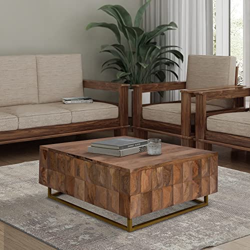 The Urban Port 33-Inch Lift Top Storage Trunk Coffee Table, Square, Mango Wood, Natural Brown TUP THE URBAN PORT