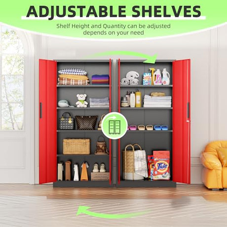 Bonusall 72" Metal Garage Storage Cabinet - 900lbs Heavy Duty Steel Cabinet with 3-Point Locking System & 4 Adjustable Shelves, Lockable Tall Storage for Garage, Office, Warehouse - Black & Red Bonusall