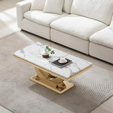 Henf 47" Marble Coffee Table Modern White Faux Marble Center Table with U-Shape Gold Mirrored Base Luxury Rectangular Accent Sofa Table Cocktail Table for Living Room Apartment Henf