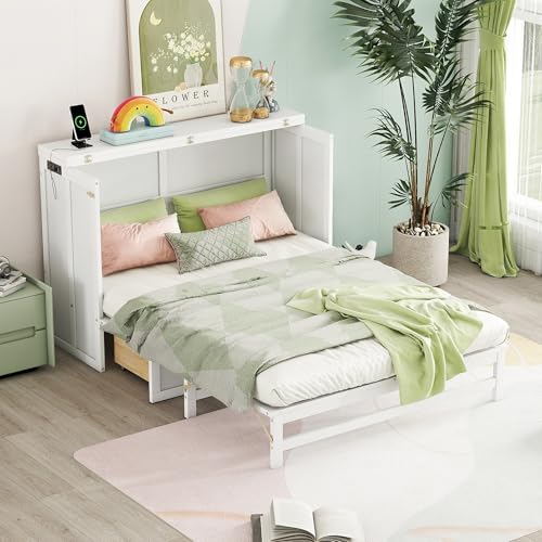 KALALLA Full Size Murphy Cabinet Chest Bed with Storage Drawer and USB-Ports, Wood Foldable Platform Bed, Space Saving for Home Office, Guest Room, KALALLA
