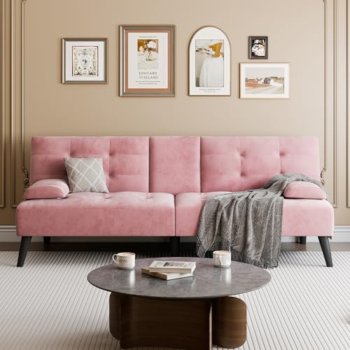 Meilocar Futon Sofa Bed, Modern Convertible Sofa Couch Recliner, 64 in Adjustable Sofa Bed for Living Room, Removable Armrest Pillow, 2 Cup Holders, 3 Angles Back, 5.3FT, Pink Meilocar