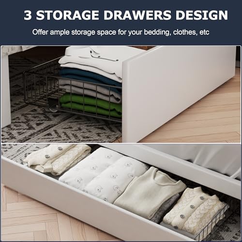 VECELO Queen Size Bed Frame with 3 Storage Drawers, Leather Upholstered with Diamond Tufted Headboard, Solid Wood Slat Support & Steel Framework, PU & White VECELO