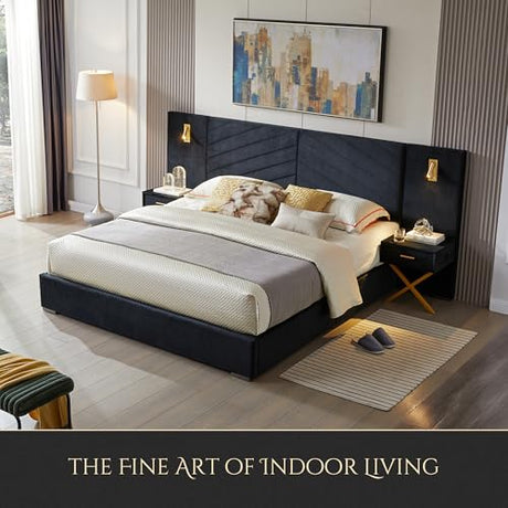 Olodumare Luxurious King Platform Bed Frame, Velvet Upholstered Headboard with 2 Built-in Wall Sconces & Nightstands, Sturdy Metal & Solid Wood Frame, Squeak-Free, No Box Spring Needed, Polar Black Olodumare