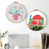 Stamped Cross Stitch Kit for Adult Beginner Easy Starter Cross Stitch Set with Pre-printed Mushroom Flower Plant Pattern Embroidery Cloth Floss Hoop and Instructions Fun Needlepoint Project Kit
