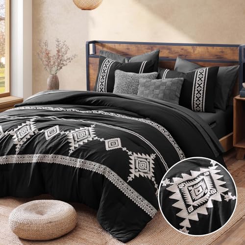 MaiRêve Embroidery Queen Size Comforter Set Black, Boho Farmhouse Western Bedding Set 7 Pieces, All Season Bed in A Bag Comforter Set with Sheets, Pillowcases & Shams MaiRêve