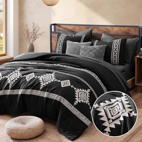 MaiRêve Embroidery Queen Size Comforter Set Black, Boho Farmhouse Western Bedding Set 7 Pieces, All Season Bed in A Bag Comforter Set with Sheets, Pillowcases & Shams MaiRêve