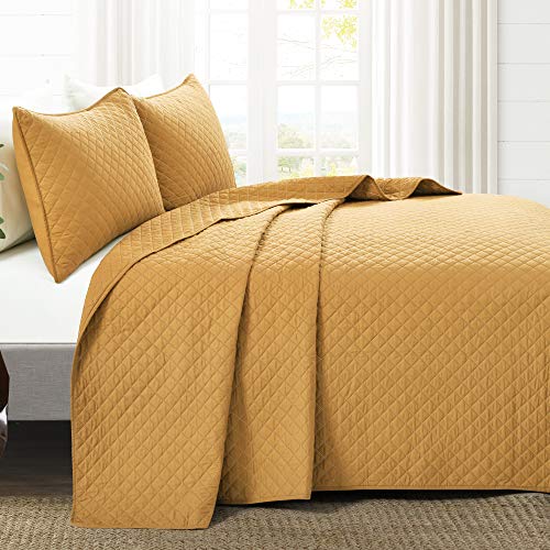 Lush Decor Ava Quilt Diamond Pattern Solid 3 Piece Oversized Bedding Blanket Bedspread Set - Full/Queen - Mustard Lush Decor