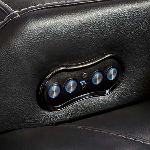 Signature Design by Ashley Caveman Den Modern Faux Leather Power Reclining Sofa with Adjustable Headrest, Drop Down Table, Electrical Outlets and LED Reading Lights, Black Signature Design by Ashley