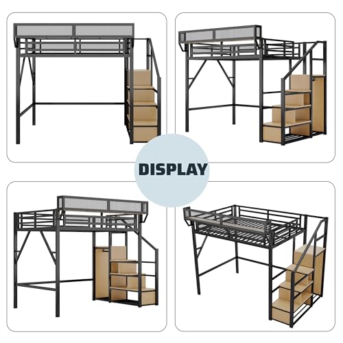 Mirightone Metal Full Size Loft Bed with Stairs,Heavy Duty High Loft Bed Full with Storage Upper Shelf and Wardrobe for Adults Teens, No Box Spring Needed, No Noise, Black Mirightone