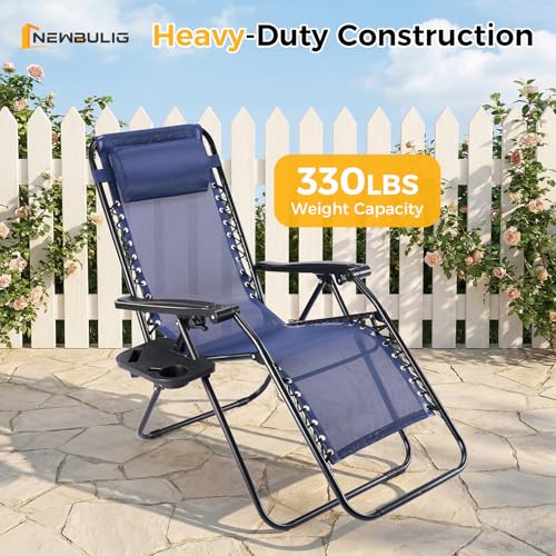 NEWBULIG Zero Gravity Chair Set of 2, Lounge Chair Folding Portable Adjustable Camping Reclining Chairs with Adjustable Pollow, Mesh Back, Cup Holder Trays Lawn Patio Chair for Pool Beach - Blue