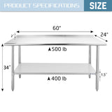 Hally Sinks & Tables H Stainless Steel Table for Prep & Work 24 x 60 Inches, NSF Commercial Heavy Duty Table with Undershelf and Backsplash for Restaurant, Home and Hotel HALLY SINKS & TABLES H