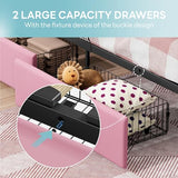 LIKIMIO Twin Bed Frame with 2 Storage Drawers, Charging Station & LED Lights, Upholstered Platform Twin Bed with Storage Headboard, Strong Wooden Slats, No Box Spring Needed, Easy Assembly, Pink LIKIMIO