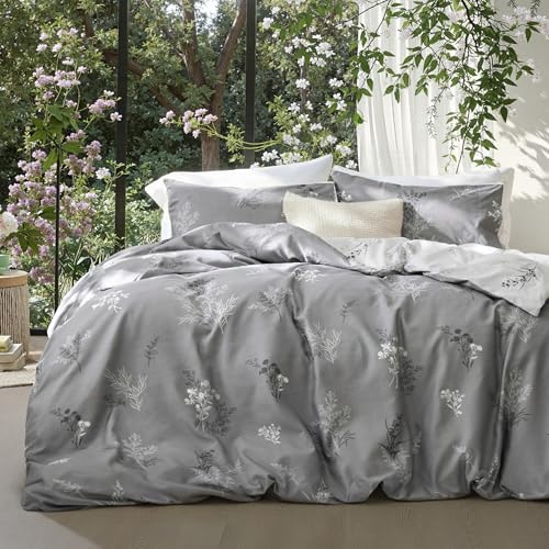 Bedsure Duvet Cover King Size - Reversible Floral Duvet Cover Set with Zipper Closure, 3 Pieces Grey Bedding Set with 8 Corner Ties and 2 Pillowcases 20"x36" Bedsure