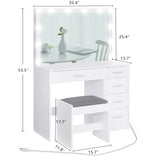 usikey Makeup Vanity with 12 Lights, Vanity Desk with Power Outlet, Makeup Vanity Table with 5 Drawers, Large Mirror, Dressing Vanity Table with Stool for Bedroom, Bathroom, White usikey