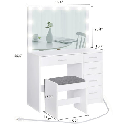 usikey Makeup Vanity with 12 Lights, Vanity Desk with Power Outlet, Makeup Vanity Table with 5 Drawers, Large Mirror, Dressing Vanity Table with Stool for Bedroom, Bathroom, White - WoodArtSupply