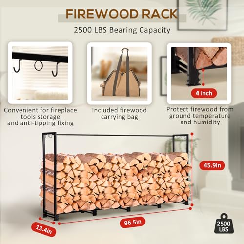 LOENIY 8ft Firewood Rack Outdoor with Waterproof Widened Cover, Heavy Duty Firewood Holder includes 2 Lateral Rods, Powder-coated Wood Rack with LOENIY