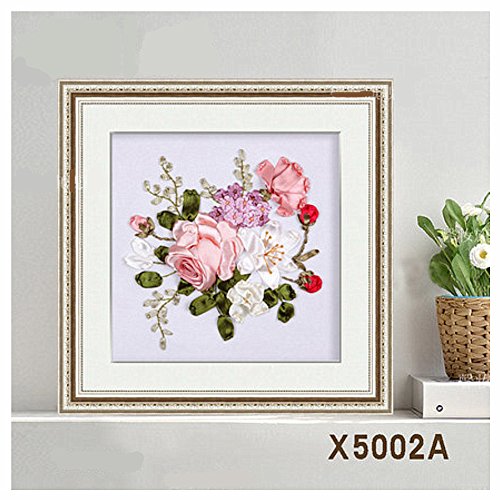 Egoshop Ribbon Embroidery Spring Flower Blooming Kit 3D Painting DIY Wall Decor Stamp Needle Work with Hoop (No Frame) X5002A