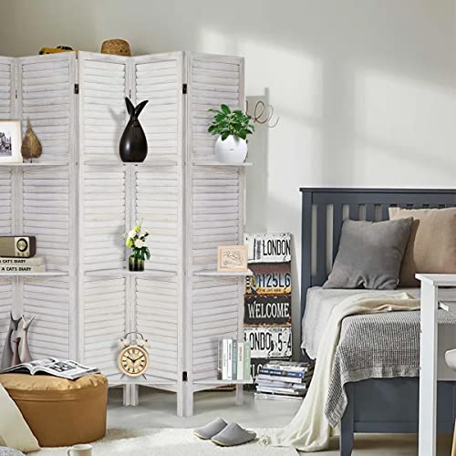 AMBITION LAND Room Divider with Shelves, Privacy Screen, Room Dividers and Folding Privacy Screens, 4 Panel Wood Temporary Wall Partition Separation Separator, Coconut AMBITION LAND