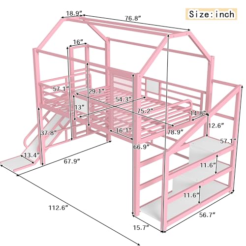 Bellemave House Loft Bed Full Size, Full Size Loft Bed with Storage Stairs and Open Wardrobe, Heavy Duty Loft Beds with Slide for Girls, Boys, Noise-Free Design Pink Bellemave