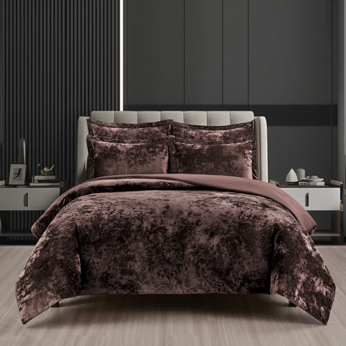 Fredsure Distressed Velvet Comforter Set, 5 Pieces Brown King, Distressed Velvet Face and Brushed Microfiber Reverse Fredsure