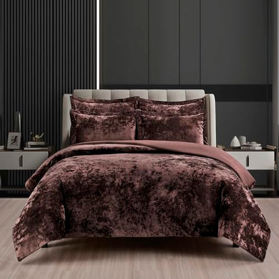 Fredsure Distressed Velvet Comforter Set, 5 Pieces Brown King, Distressed Velvet Face and Brushed Microfiber Reverse