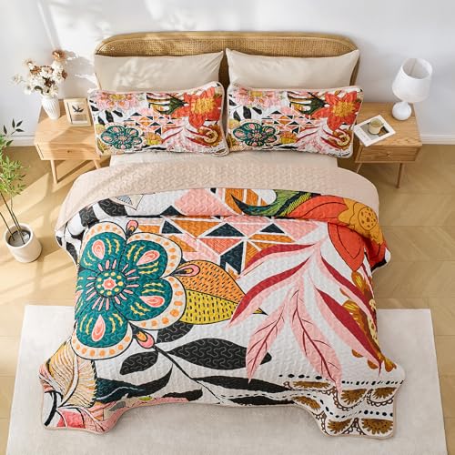 Pamnest Quilt Set Twin Size, Boho Floral 2 Pcs Soft Bed Cover Bedding Set, Mid Century Flowers Lightweight Bedspread Coverlet with Pillow Sham for All Season Pamnest