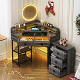 WOOVIVS Corner Vanity Desk with Lighted Rotating Mirror, Glass Top Makeup Table with 5 Drawers, Small Vanitys with Charging Station,Jewelry Organizers for Bedroom,Brown WOOVIVS