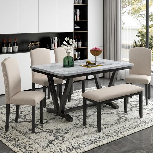LUMISOL Faux Marble Dining Table Set with Bench and Chairs for 6 Persons Solid Wood Kitchen Dining Room Table Set, WarmWhite LUMISOL