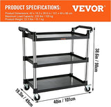 VEVOR Utility Service Cart, 3 Shelf Heavy Duty 220LBS Food Service Cart, Rolling Utility Cart with Lockable Wheels, 40" x 19.3" x 38.6" Plastic VEVOR