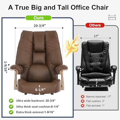 EXCEBET Big and Tall Executive Office Chair with Footrest, 400LBS Capacity Ergonomic High-Back Desk Office Chair with Lumbar Support, Padded Armrests & Thick Cushion, Brown PU Leather Chairs EXCEBET