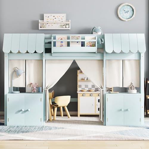 Harper & Bright Designs Twin Size Low Loft Bed for Kids, Solid Wood Loft Bed Frame with Built-in Bookshelf, Storage Shelf, Curtain, Guardrail and Ladder for Boys Girls, Easy Assembly, Light Blue Harper & Bright Designs