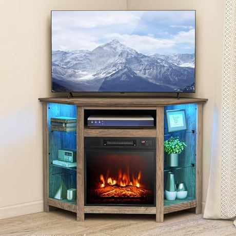 SIMOE Electric Fireplace Corner TV Stand for TVs Up to 50 Inches, Modern Fireplace Entertainment Center with 16-Color LED Lights, Remote and Smart APP Control, Adjustable Shelves, Grey SIMOE