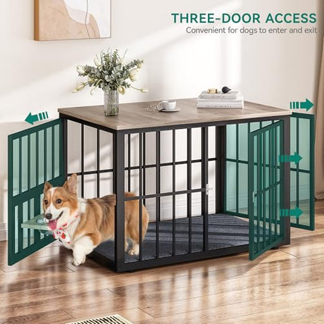 YITAHOME 88.6" Double Dog Crate Furniture, Wooden Dog Kennel with Bowls & 3 Doors, Large Double Crate Furniture TV Stand, Grey YITAHOME