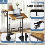 DUMOS Split Top Rolling Standing Desk, 23.6 Inch Mobile Laptop Computer Desk, Manual Adjustable Height Workstation on Wheels, Sit Stand Office Table, Walking Pad Study Desk, Rustic Brown DUMOS