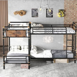 KEIKI Twin Over Twin Size Metal Detachable Quad Bunk Bed Frame with Ladders, MDF Headboard and Guardrail, for 4, L-Shaped Bunk Bed with Slats, No Box Spring Required, Easy Assembly, for Bedroom, Black KEIKI