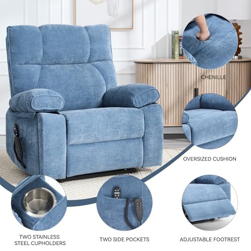 Trygoal Dual Motor Power Lift Recliner Chair, 8 Positions Vibration Massage Recliner Chair, Chenille Fabric Recliner with Cup Holder, Vibration Massage and Lumbar Heating for Adults and Elderly, Blue Trygoal